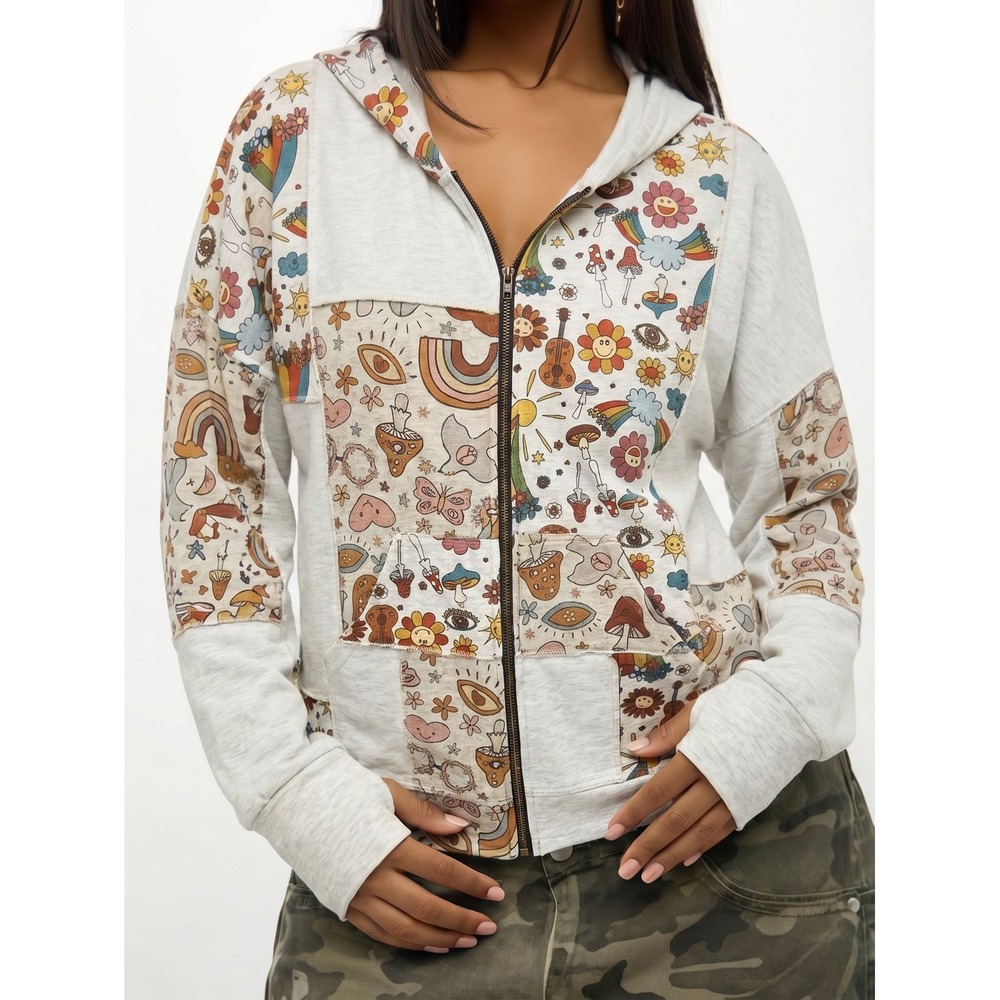 Yak & Yeti Patchwork Hoodie Women L/XL Gray Mushroom Rainbow Retro Zip Up